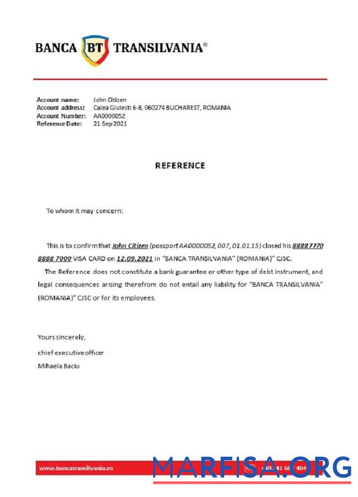 Realistic Romania Banca Transilvania closure reference sample